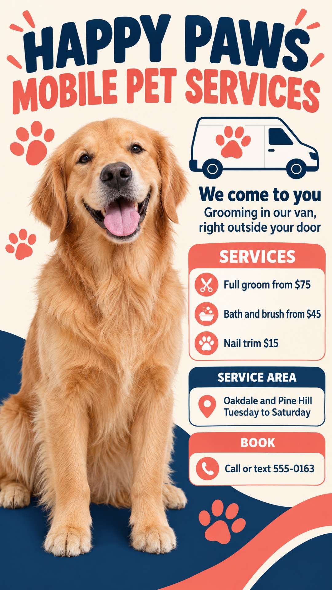 The same mobile pet grooming flyer made from a specific prompt, showing three service prices, the service area, the days and a phone number to book