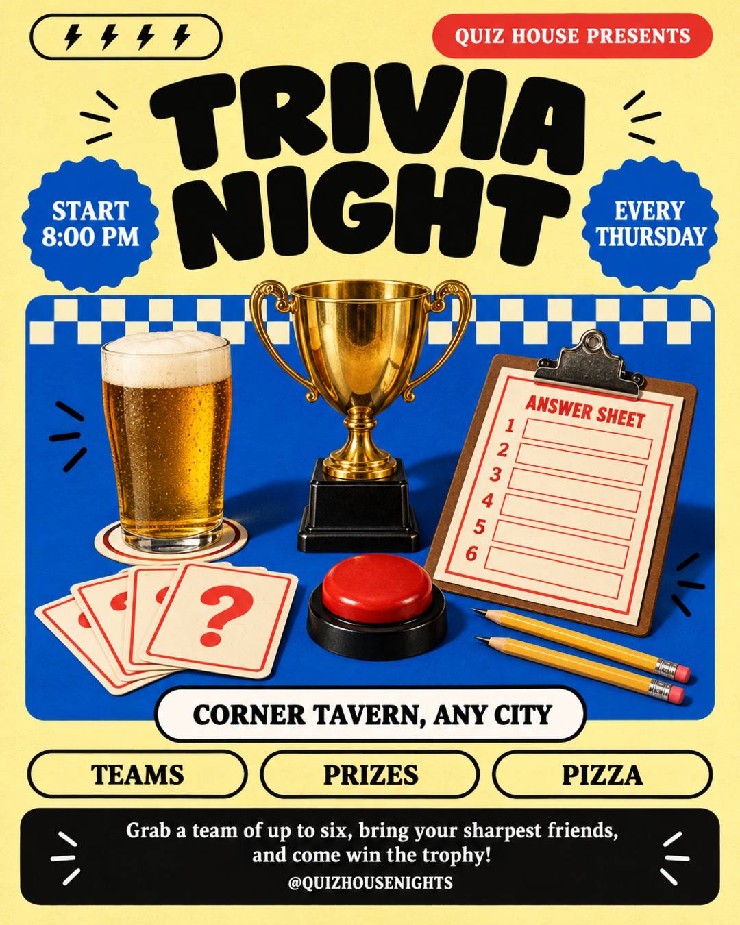 Flyer de noite de quiz no pub com o selo de toda quinta, início às 20h e os botões de times, prêmios e pizza, enviado para mudar o horário de início e acrescentar uma linha de edição de feriado