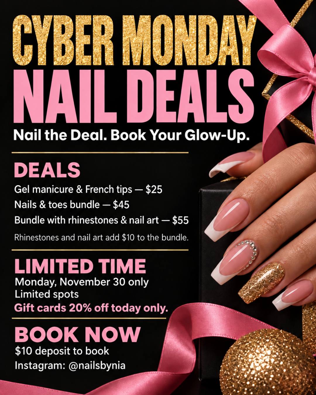 The same nail deal flyer changed to Cyber Monday, November 30, with a line for 20% off gift cards