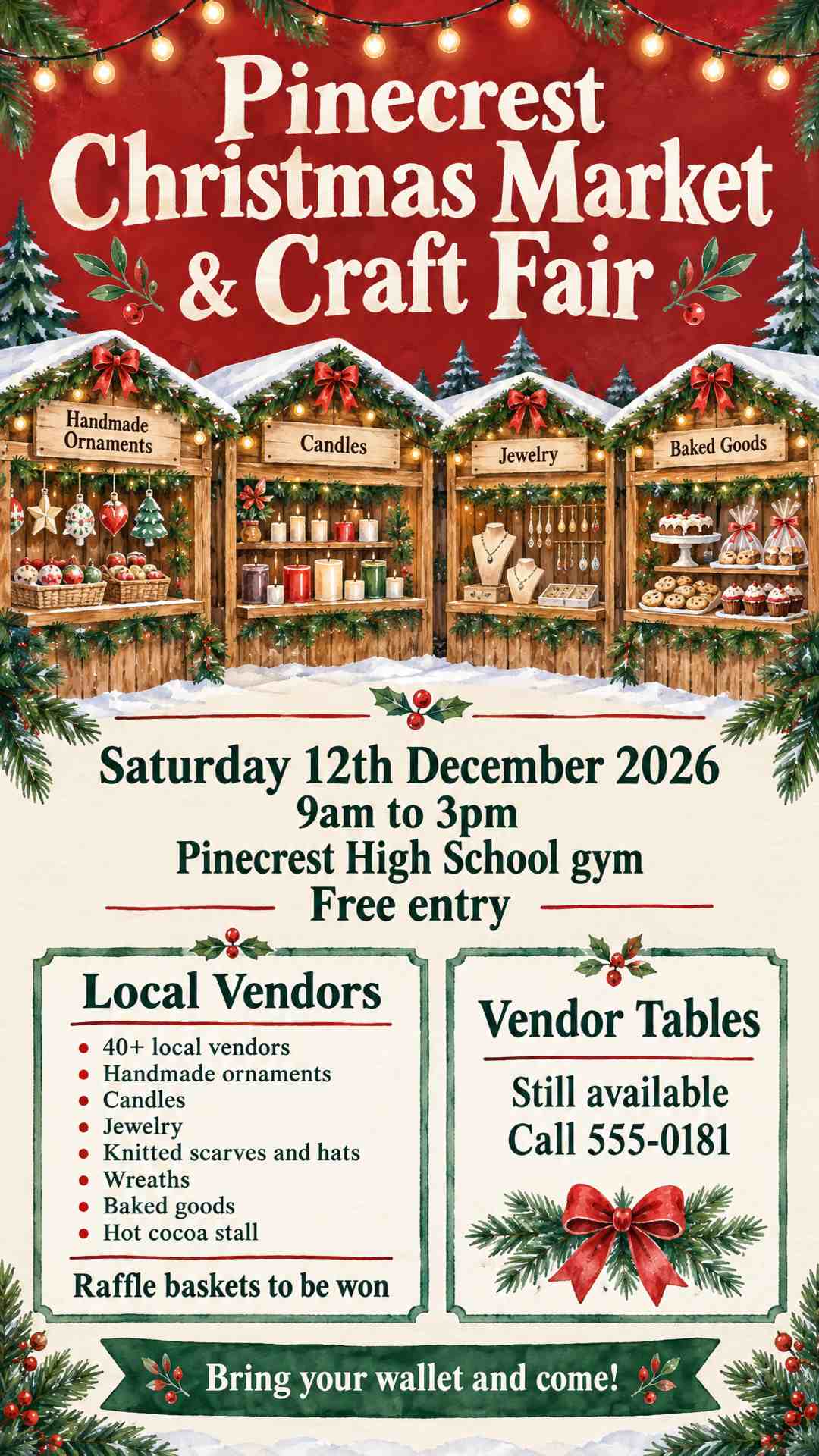 create a flyer for the Pinecrest Christmas Market & Craft Fair to be held at Pinecrest High School gym on Saturday 12th December 2026 9am to 3pm. there will be 40+ local vendors: handmade ornaments, candles, jewelry, knitted scarves and hats, wreaths, baked goods and a hot cocoa stall. raffle baskets to be won. free entry. bring your wallet and come! vendor tables still available, call 555-0181. use a watercolor christmas market theme with string lights and wooden stalls. label the stalls according to the items.