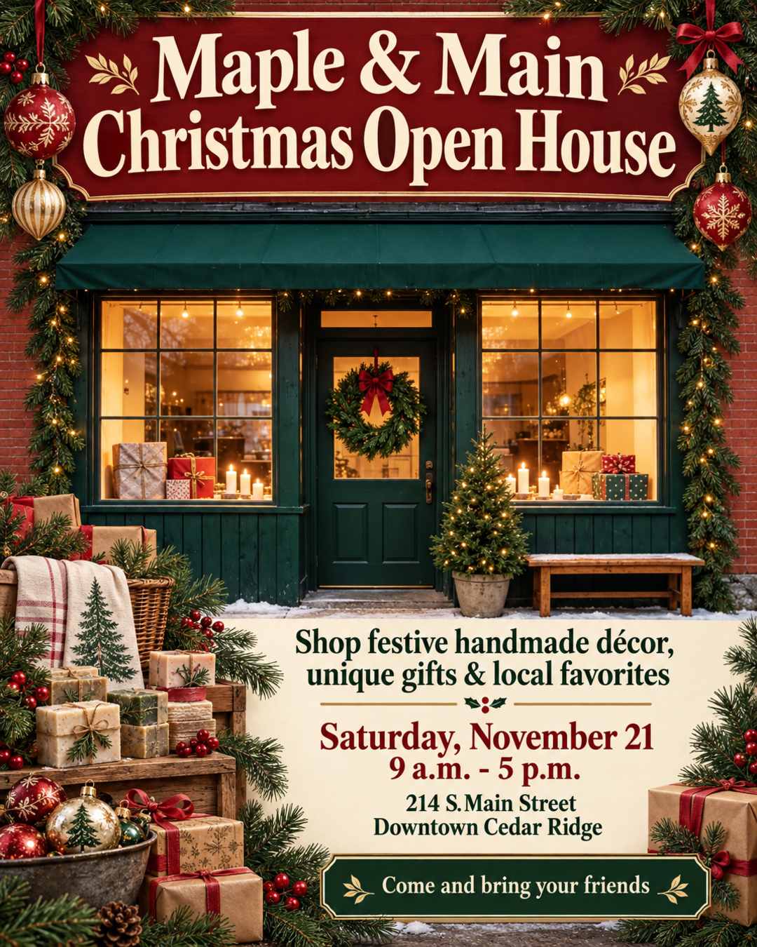 Create a festive Christmas Open House flyer for Maple & Main, a historic gift shop on Main Street in downtown Cedar Ridge. Use the photo of our storefront.

Headline: Maple & Main Christmas Open House
Subhead: Shop festive handmade décor, unique gifts & local favorites

Event details (must be clearly readable):
Saturday, November 21
9 a.m. - 5 p.m.
214 S. Main Street
Downtown Cedar Ridge

Invite line: Come and bring your friends

Featured finds to hint at in the design (do not list as a long menu): ornaments, wreaths, candles, tea towels, handmade soaps, local gifts.

Style: Warm, charming small-town Christmas. Historic storefront feel meets cozy holiday boutique. Deep red, forest green, cream, gold, and soft pine. Vintage ornaments, wreaths, and wrapped gifts. Elegant but inviting typography: large headline, easy-to-read date and time. Print-ready, uncluttered layout with plenty of breathing room. Welcoming, handmade, local, and festive, not flashy or modern-corporate.