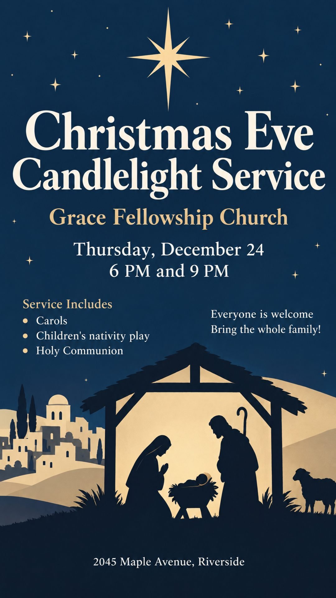 Christmas Eve Candlelight Service at Grace Fellowship Church. Thursday, December 24 at 6 PM and 9 PM. Carols, a children's nativity play and Holy Communion. 2045 Maple Avenue, Riverside. Everyone is welcome, bring the whole family!