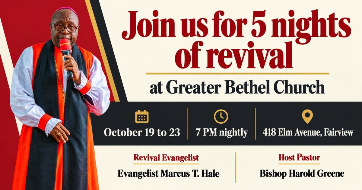 Use this photo of our evangelist and make a revival flyer. Do not change his face. Title line: Join us for 5 nights of revival. Subtitle line: at Greater Bethel Church. Do whatever you want with the rest: 418 Elm Avenue, Fairview. October 19 to 23, 7 PM nightly. Host pastor: Bishop Harold Greene. Revival evangelist: Evangelist Marcus T. Hale.