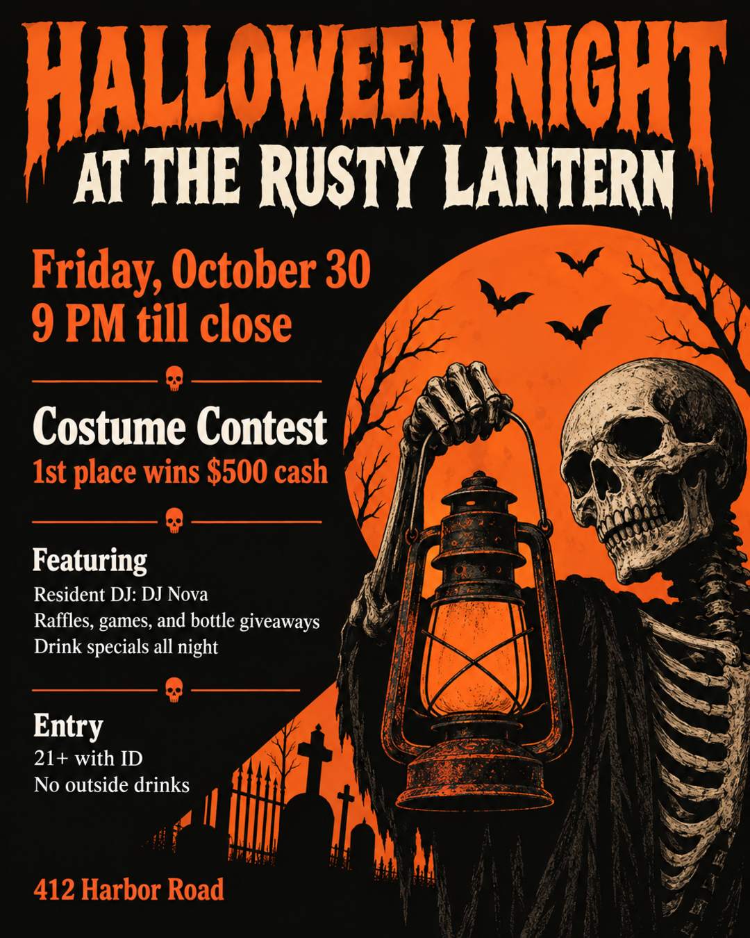 🎃 HALLOWEEN NIGHT AT THE RUSTY LANTERN 🎃
Friday, October 30 · 9 PM till close
💀 Costume contest: 1st place wins $500 cash
🎧 Resident DJ: DJ Nova
Raffles, games, and bottle giveaways
Drink specials all night
21+ with ID. No outside drinks
📍 412 Harbor Road