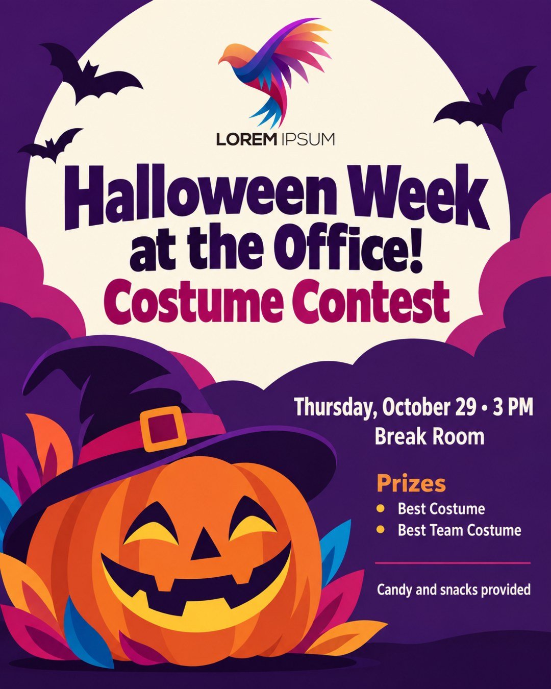 Halloween week at the office! Costume contest on Thursday, October 29 at 3 PM in the break room. Prizes for best costume and best team costume. Candy and snacks provided. Put our company logo at the top and don't change it.