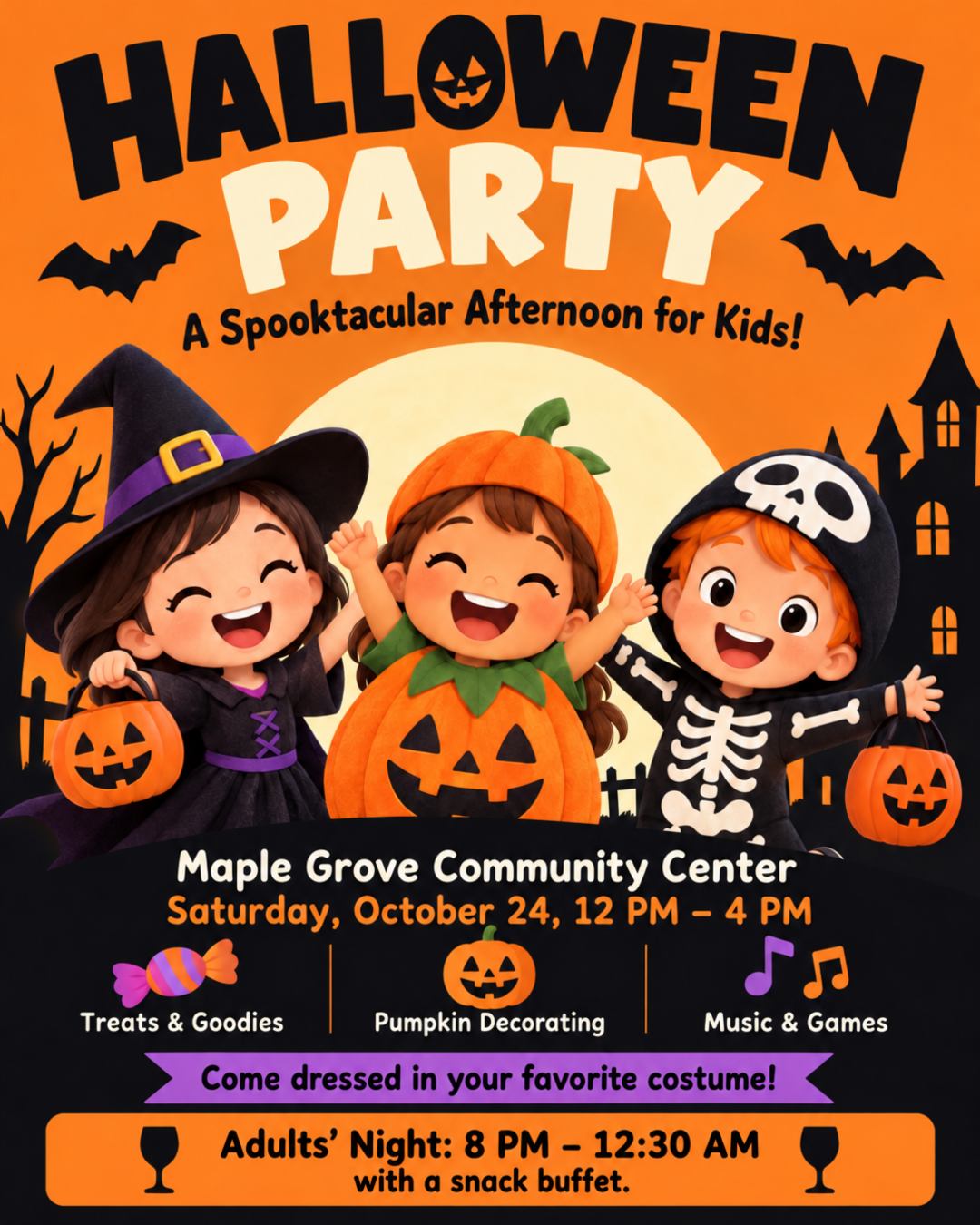 Updated Halloween party flyer with an added adults' night and snack buffet