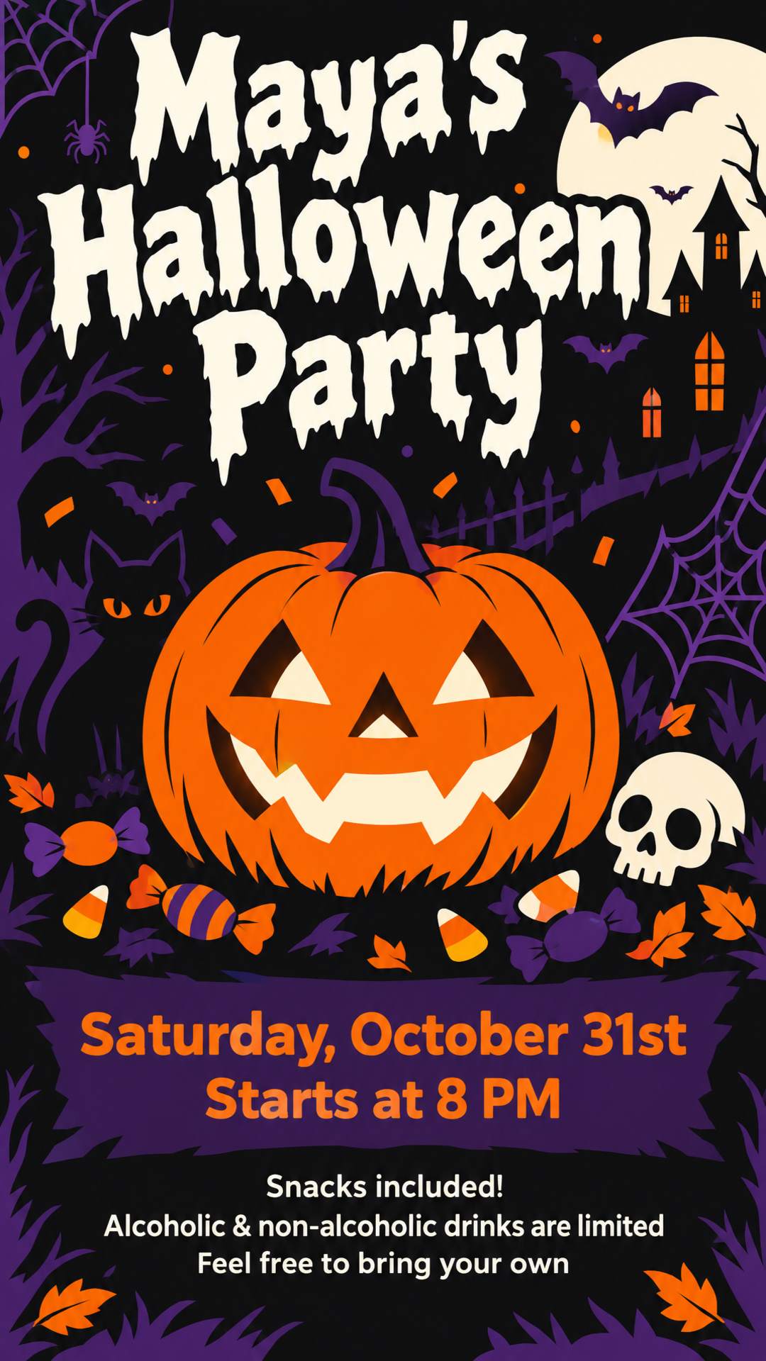 Maya's Halloween party, Saturday, October 31st, starts at 8 PM. Snacks included! Alcoholic & non-alcoholic drinks are limited, so feel free to bring your own.
