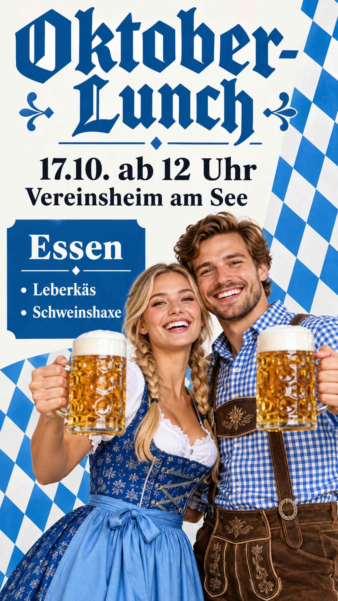 Einladung zum Oktober-Lunch im Stil des Oktoberfests mit blau-weißer Dekoration. Termin: 17.10. ab 12 Uhr im Vereinsheim am See. Essen: Leberkäs und Schweinshaxe. Dazu Bierkrüge, Dirndl und Lederhosen.