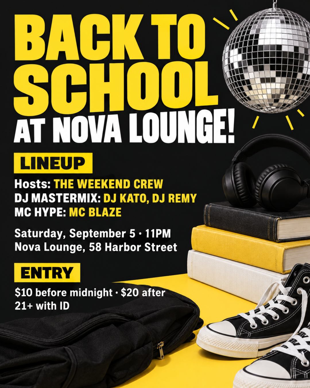 🔥 BACK TO SCHOOL AT NOVA LOUNGE! 🔥
· HOSTS: THE WEEKEND CREW
· DJ MASTERMIX: DJ KATO, DJ REMY
· MC HYPE: MC BLAZE
📍 Nova Lounge, 58 Harbor Street
Date: Saturday, September 5
⏰ 11PM
Entry: $10 before midnight, $20 after
21+ with ID