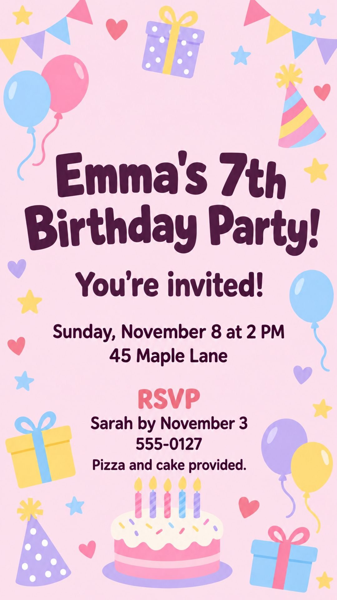 Updated kids birthday party flyer with the new RSVP date and an added line