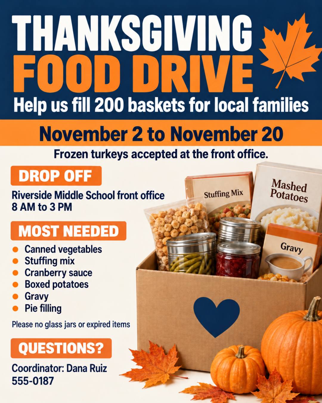 Updated food drive flyer with the deadline extended to November 20 and a note that frozen turkeys are accepted